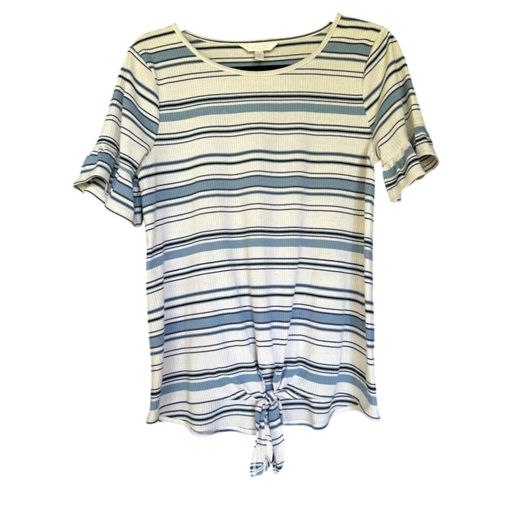 Lauren Conrad Womens Striped Ruffle Sleeve Top With Front Tie Detail - Medium